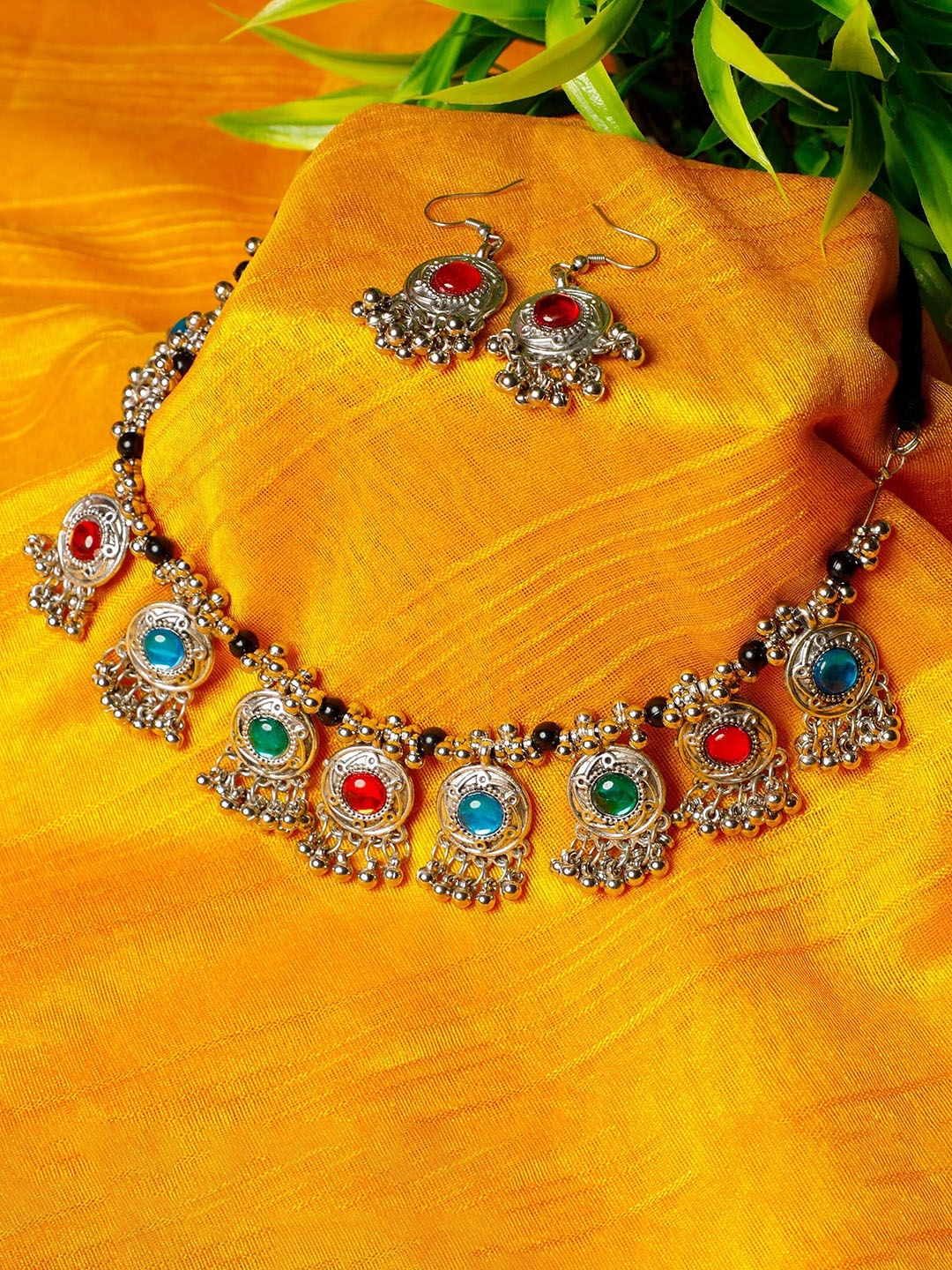

Oxidized Heaven Sterling Silver-Plated Stone Studded Jewellery Set