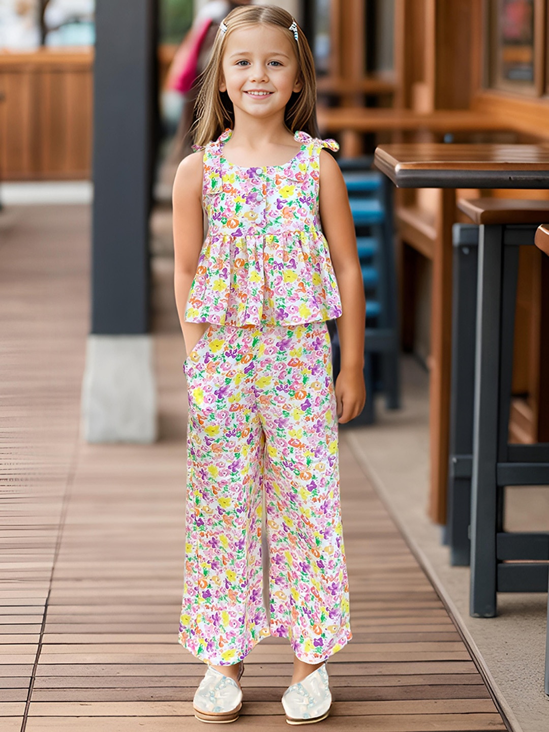 

Safehugs Girls Round Neck Floral Printed Pure Cotton Top With Trouser, White