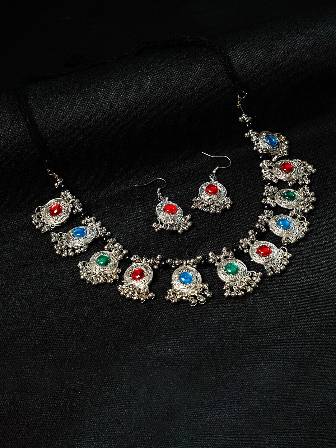 

Oxidized Heaven Sterling Silver-Plated Stone-Studded Jewellery Set