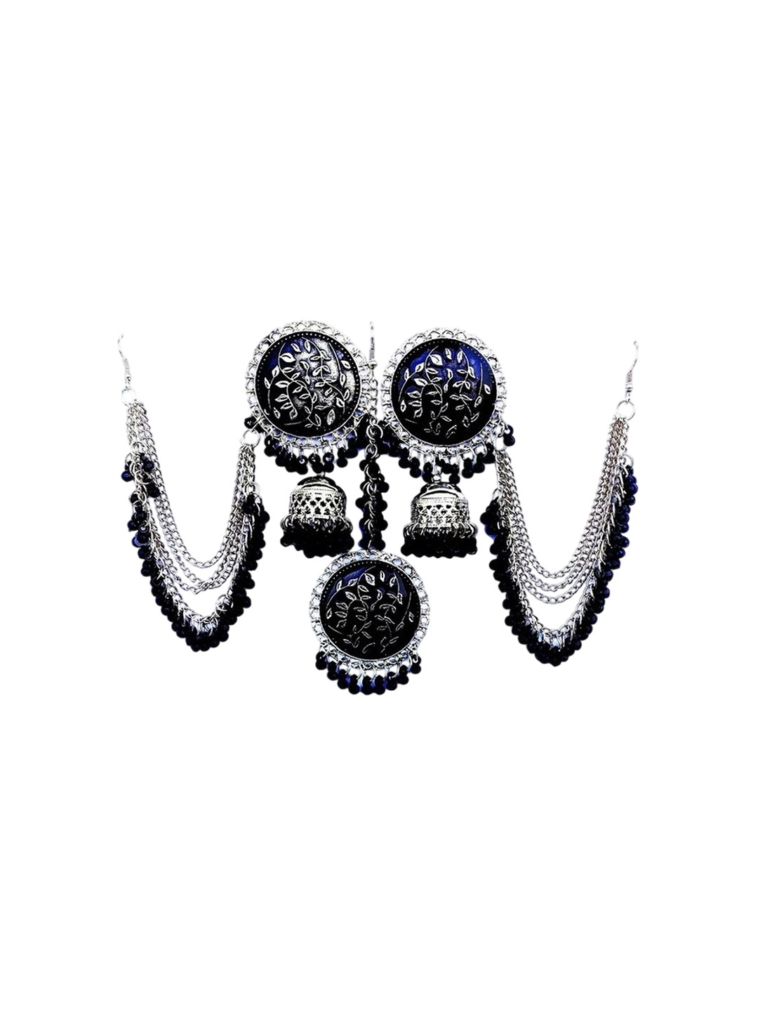 

Oxidized Heaven Sterling Silver Plated Beaded Jhumki Earrings & Maang Tikka