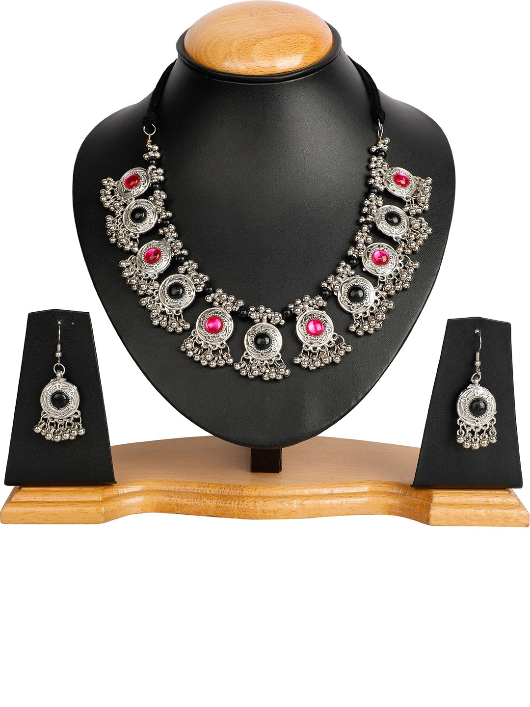 

Oxidized Heaven Silver-Plated Stone Studded & Beaded Necklace and Earrings