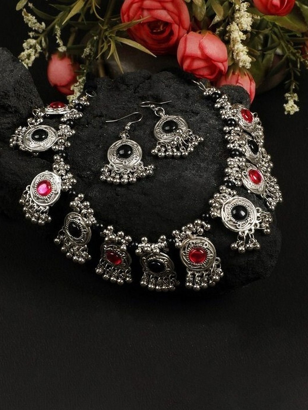 

Oxidized Heaven Sterling Silver-Plated Stone-Studded & Beaded Necklace and Earrings
