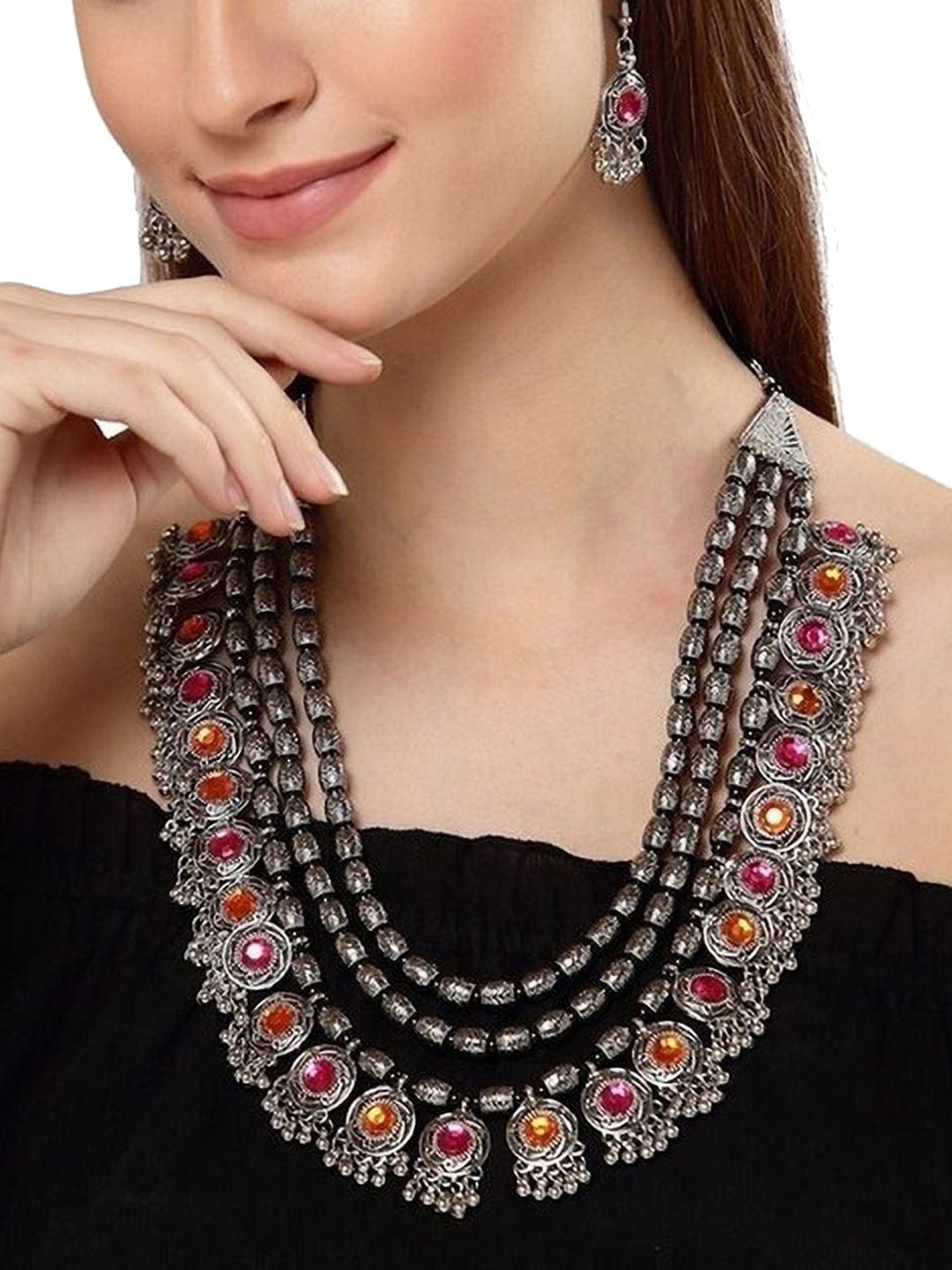 

Oxidized Heaven Sterling Silver Plated Stone Studded & Beaded Layered Jewellery Set