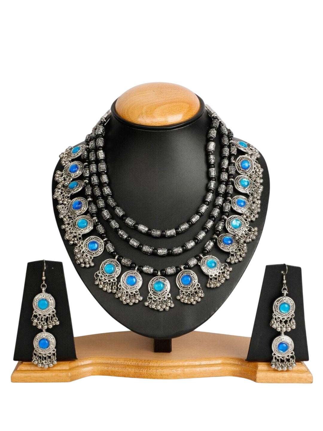 

Oxidized Heaven Sterling Silver Plated Stone Studded & Beaded Layered Jewellery Set