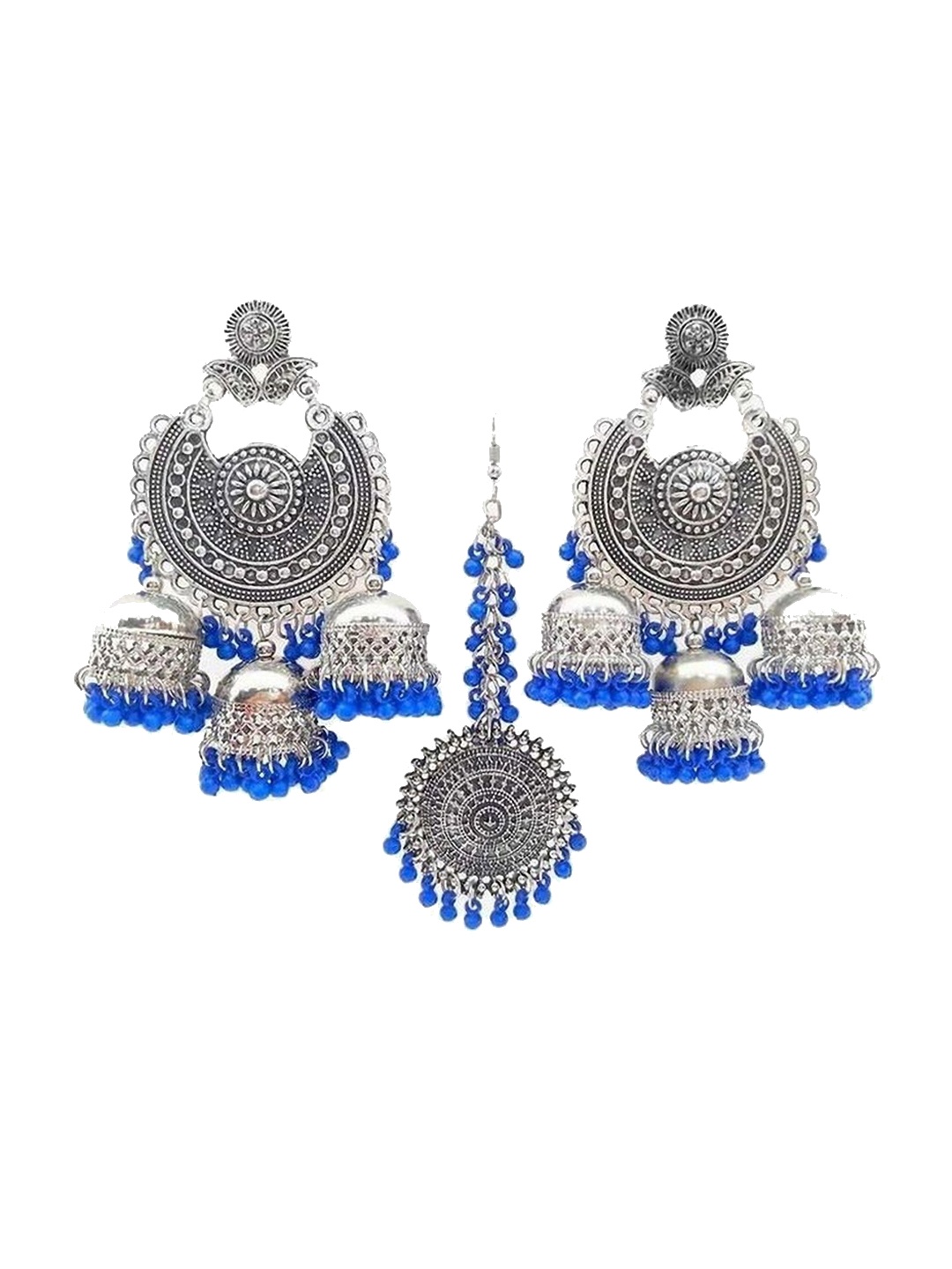 

Oxidized Heaven Silver-Plated Maang Tika & Earrings
