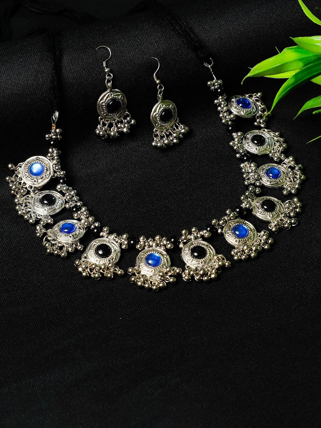 Oxidized Heaven Sterling Silver-Plated Stone-Studded & Beaded Jewellery Set