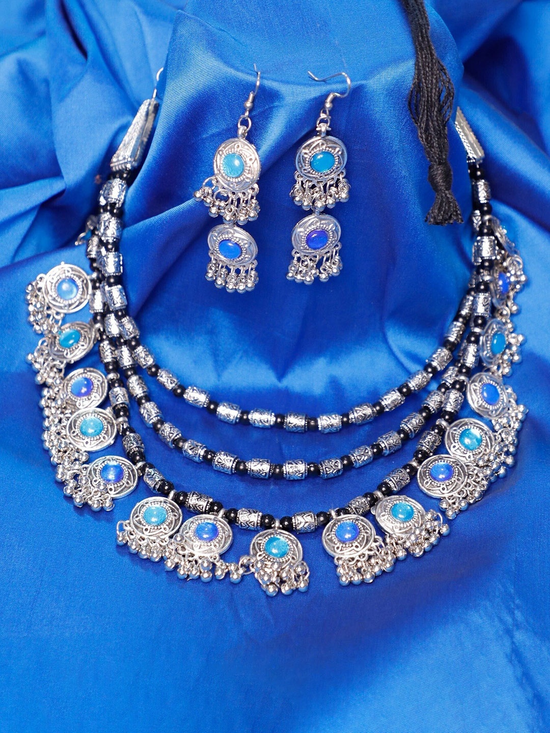 

Oxidized Heaven Sterling Silver Plated Stone Studded & Beaded Layered Jewellery Set