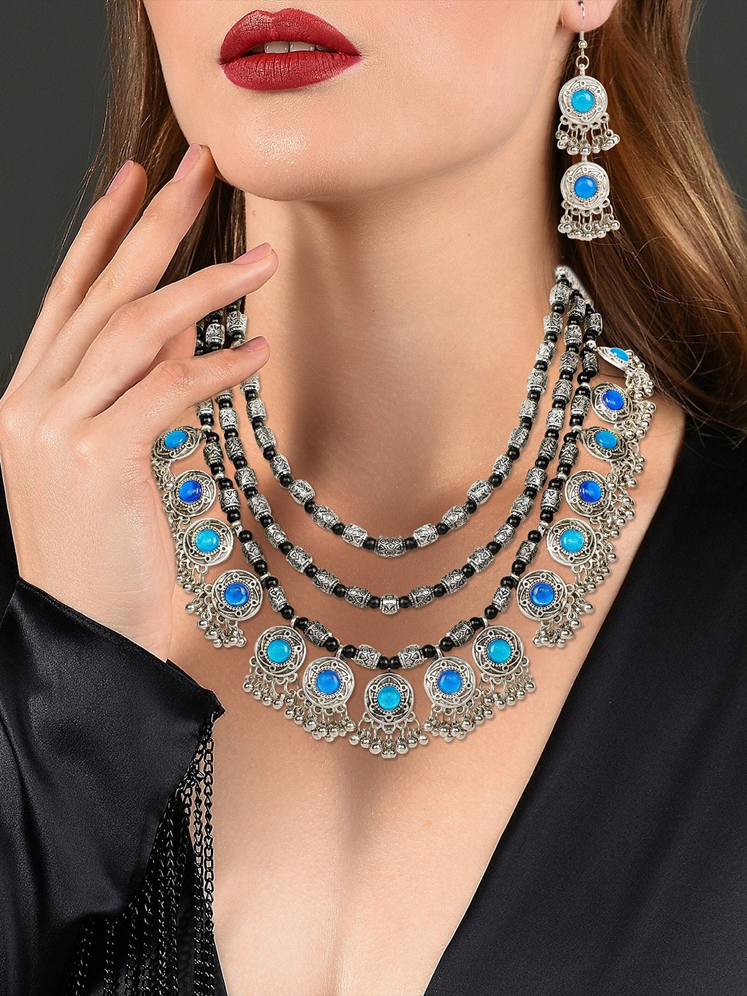 

Oxidized Heaven Sterling Silver Plated Stone Studded & Beaded Jewellery Set