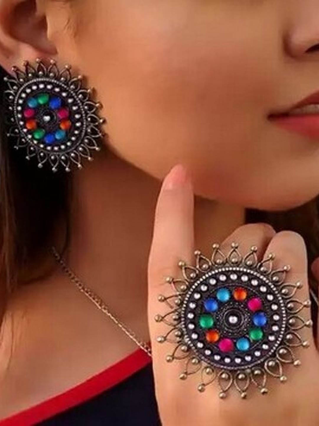 

Oxidized Heaven Sterling Silver-Plated Stone Studded Finger Ring and Earrings