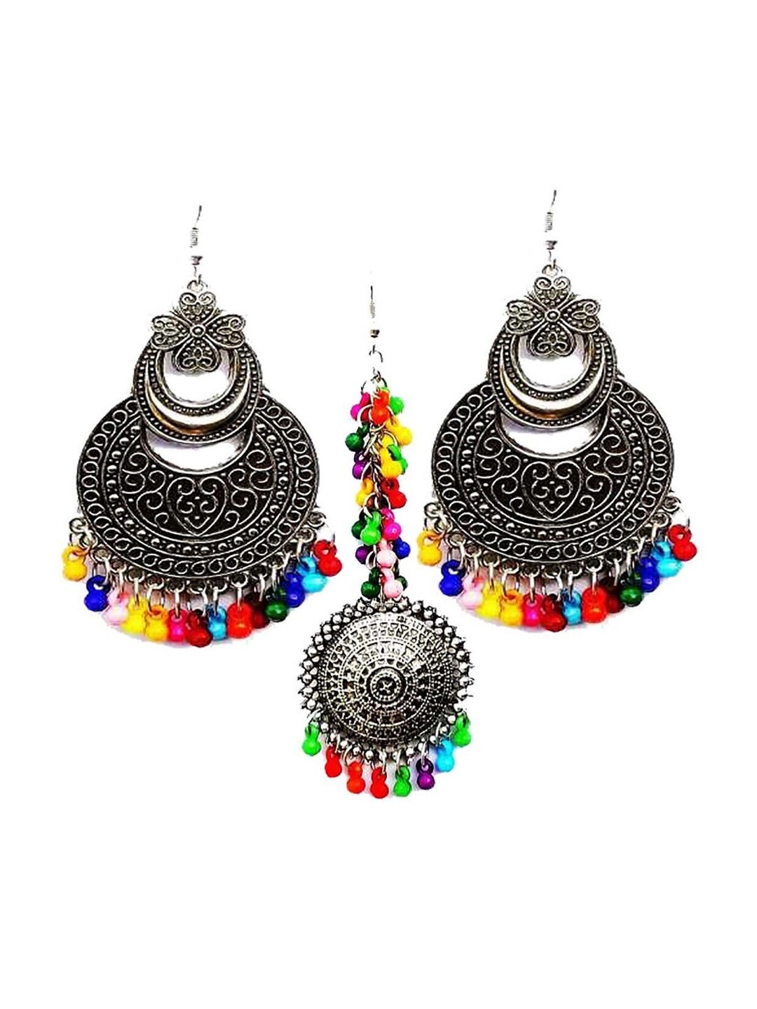 

Oxidized Heaven Sterling Silver-Plated Beaded Oxidised Maang Tika and Earrings