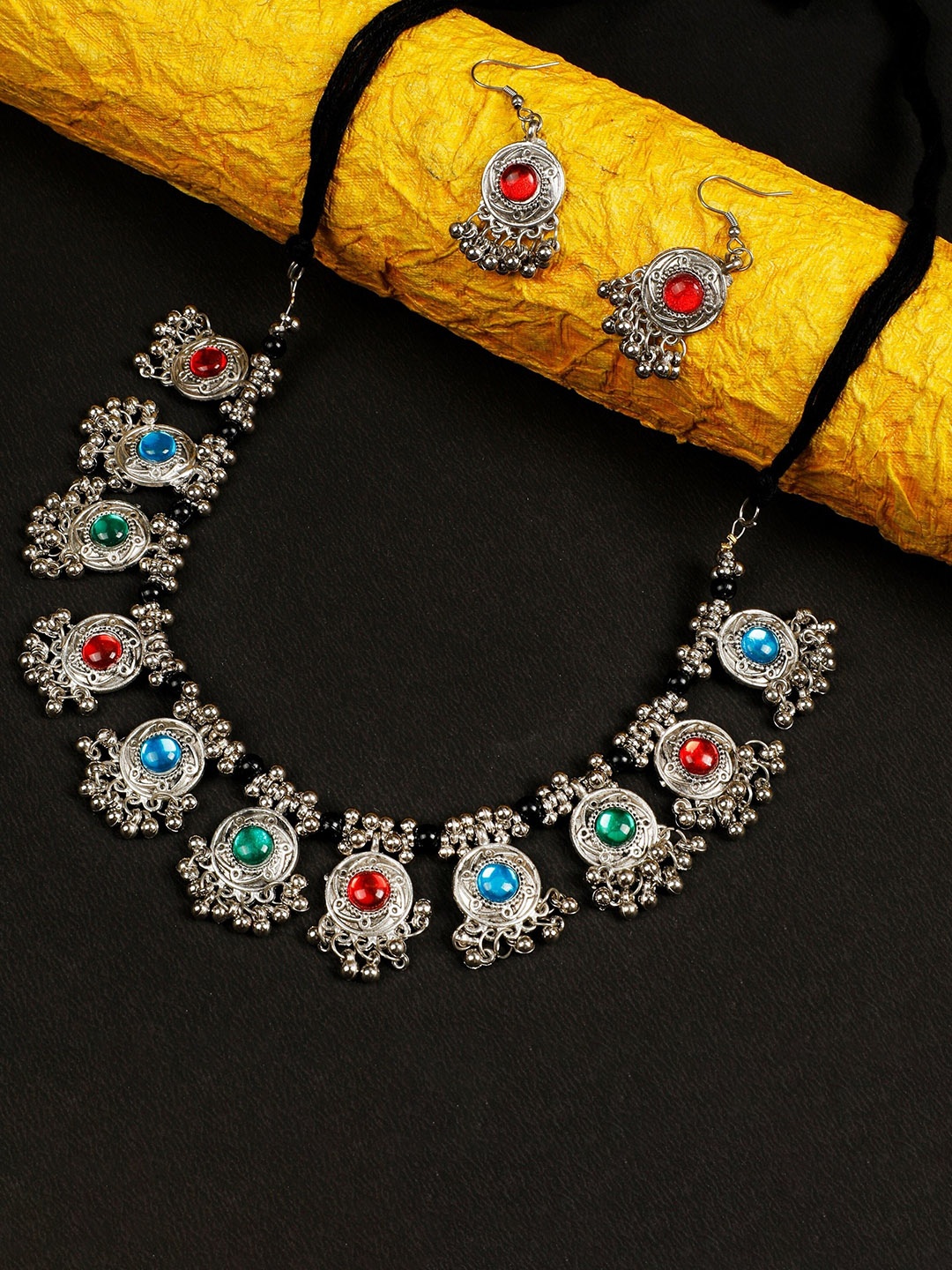 

Oxidized Heaven Silver-Plated Stone-Studded & Beaded Necklace & Earrings