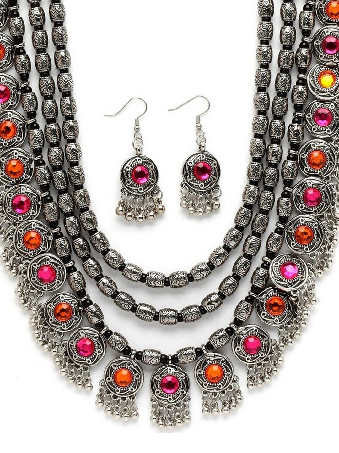 

Oxidized Heaven Sterling Sliver-Plated Textured Stone Studded & Beaded Jewellery Set, Silver