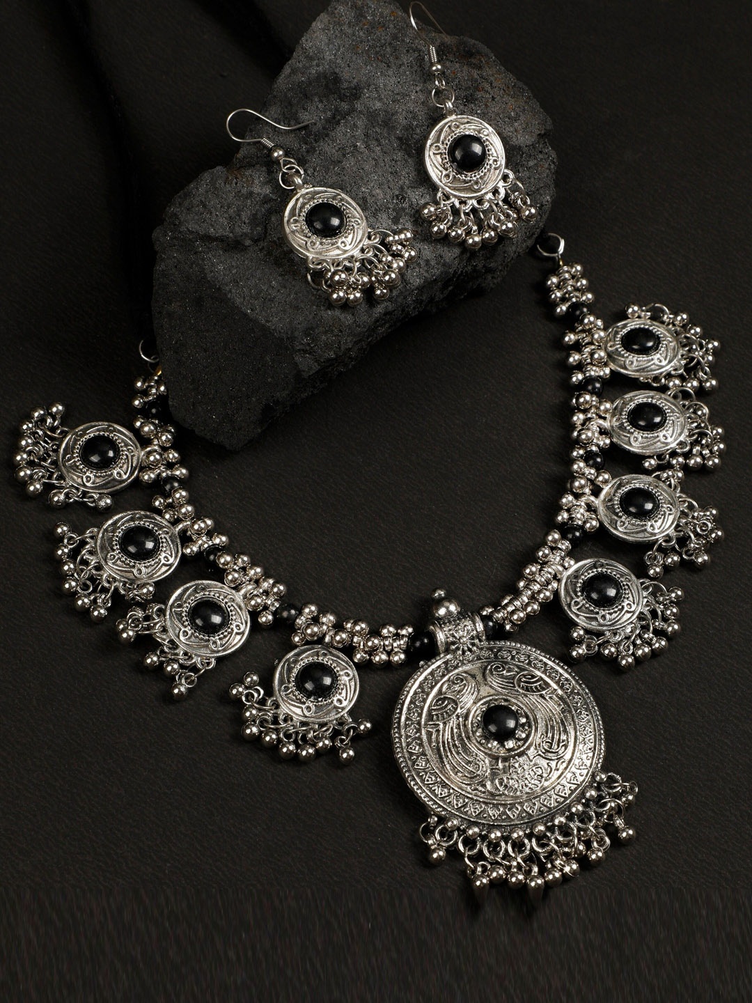 

Oxidized Heaven Sterling Silver-Plated Stone Studded Necklace and Earrings