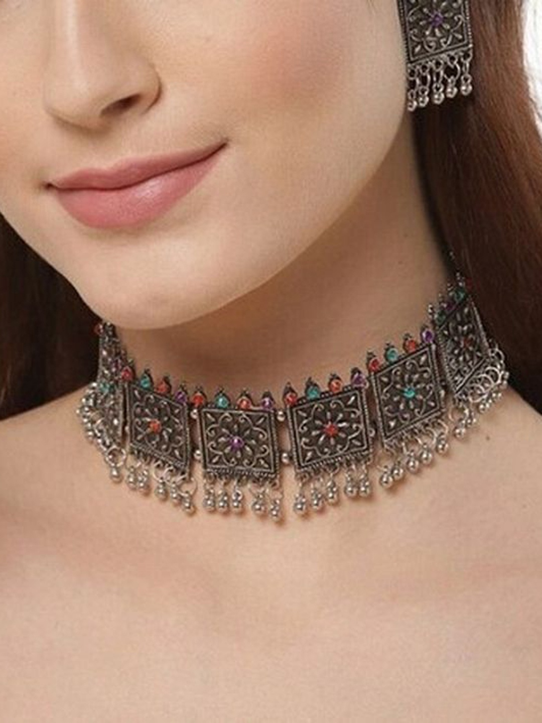 

Oxidized Heaven Sterling Silver-Plated Stones-Studded & Beaded Jewellery Set