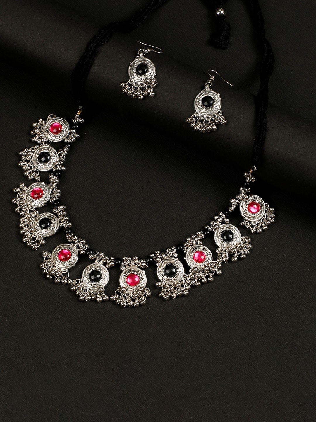 

Oxidized Heaven Sterling Silver-Plated Stone-Studded & Beaded Oxidised Jewellery Set