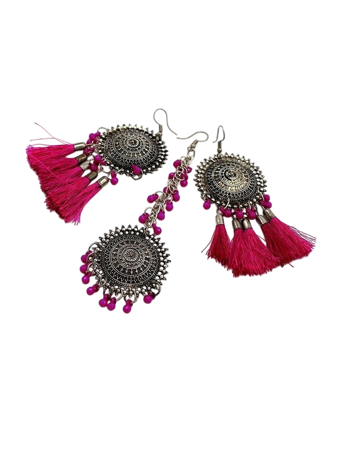 

Oxidized Heaven Sterling Silver-Plated Stone Studded & Beaded Maang Tika and Earrings