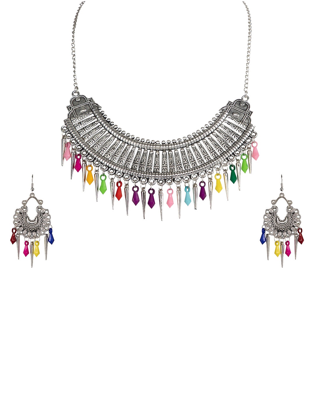 

Oxidized Heaven Silver-Plated Stone Studded & Beaded Silver Necklace & Earrings