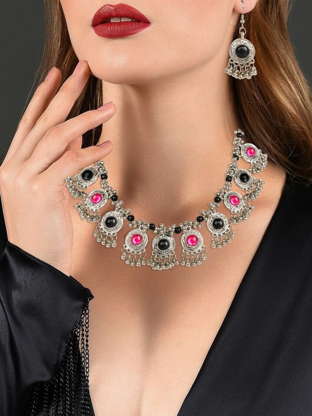 

Oxidized Heaven Sterling Silver-Plated Stone Studded & Beaded Necklace and Earrings