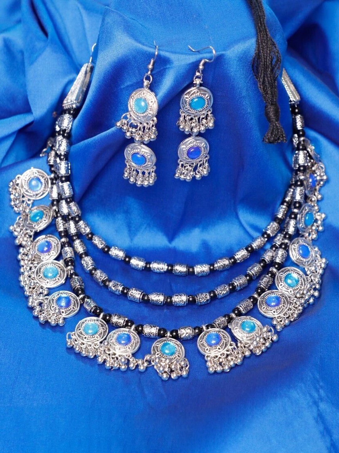 

Oxidized Heaven Sterling Silver-Plated Stone Studded Jewellery Set