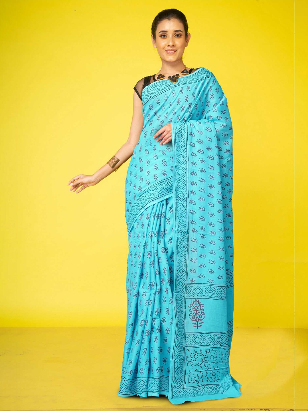 

Unnati Silks Pure Cotton Block Print Saree, Blue