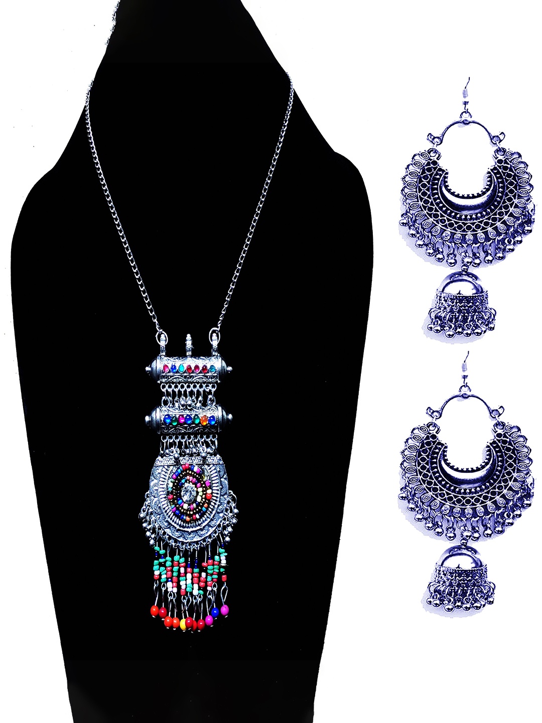 

Oxidized Heaven Silver-Plated Stone Studded & Beaded Necklace & Earrings