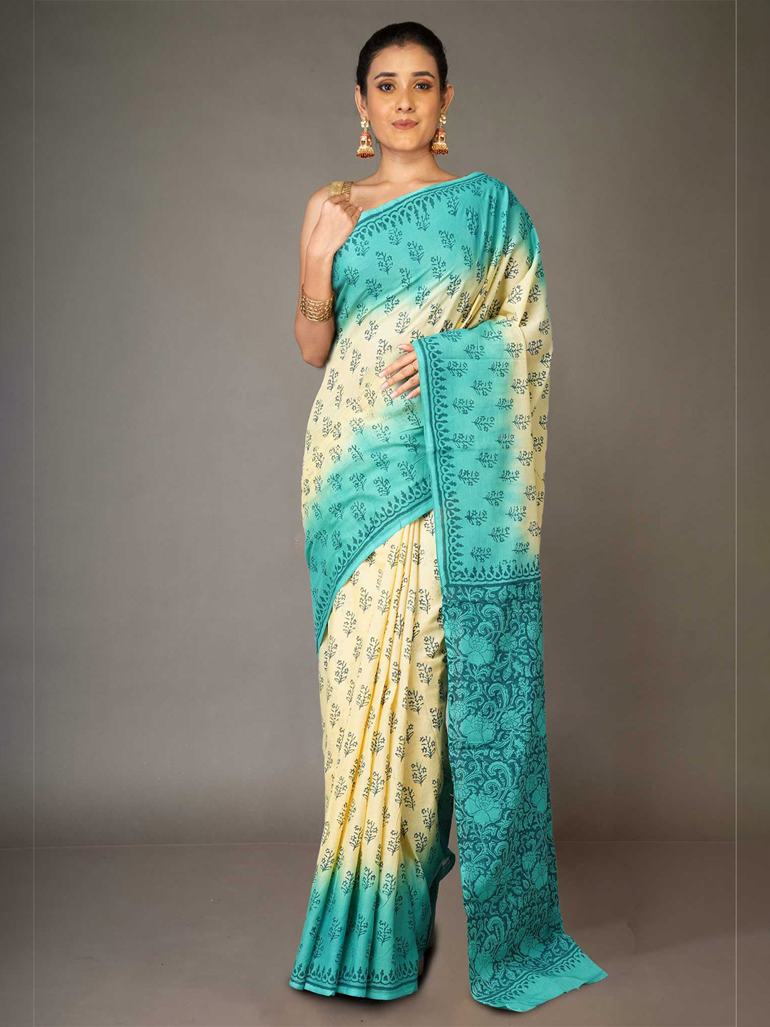 

Unnati Silks Ethnic Motifs Pure Cotton Block Print Saree, Cream