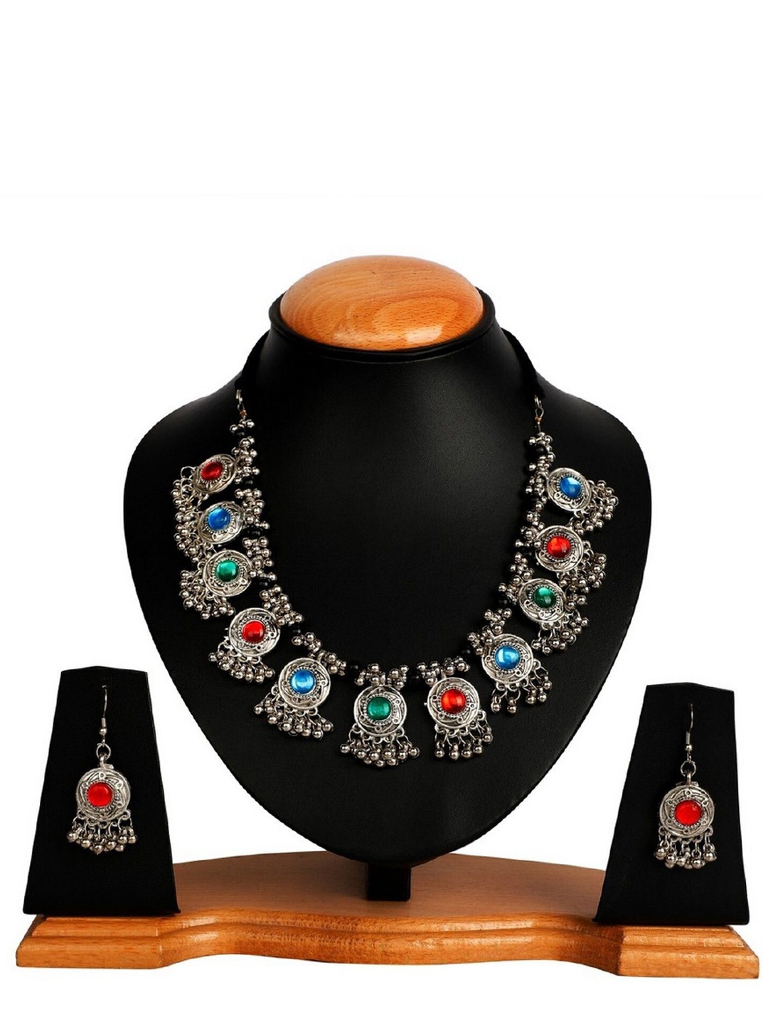 

Oxidized Heaven Sliver-Plated Stones Studded & Beaded Oxidised Jewellery Set, Silver