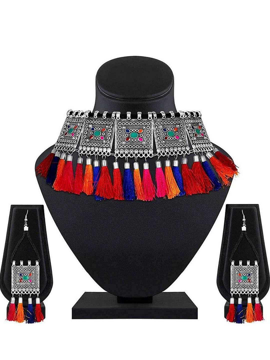 

Oxidized Heaven Sterling Silver-Plated Stone Studded Tassel Jewellery Set