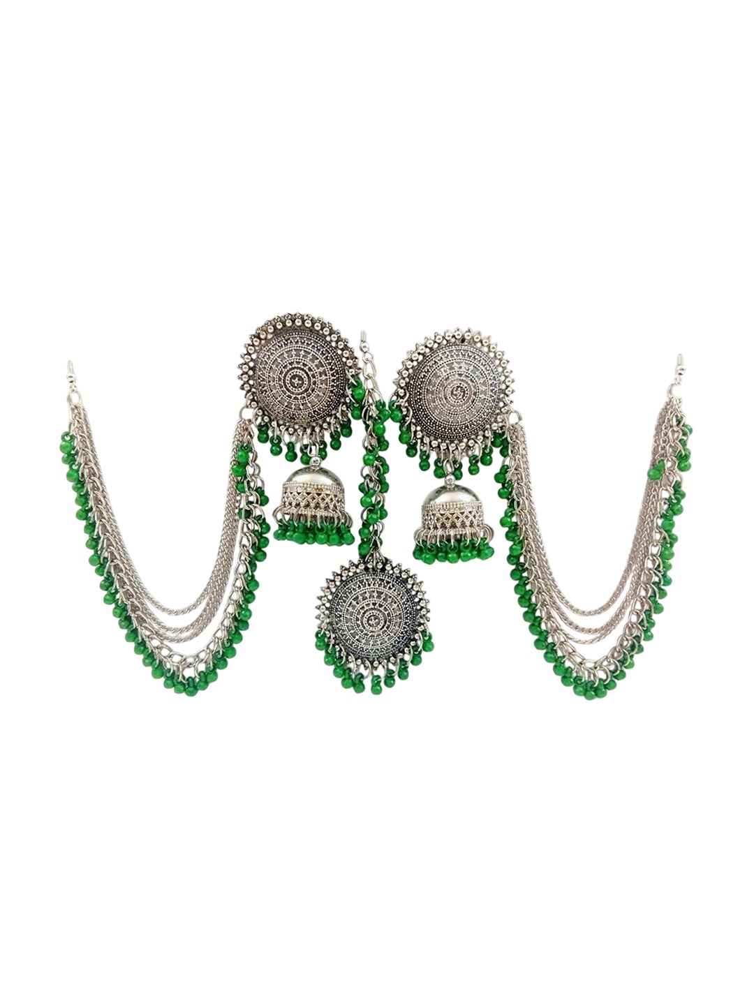 

Oxidized Heaven Silver-Plated Beaded Maang Tika & Earrings