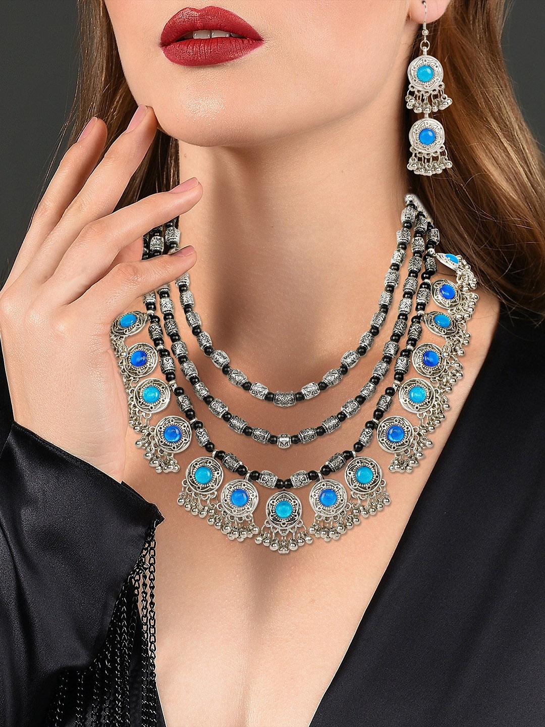 

Oxidized Heaven Silver-Plated Stones-Studded & Beaded Jewellery Set