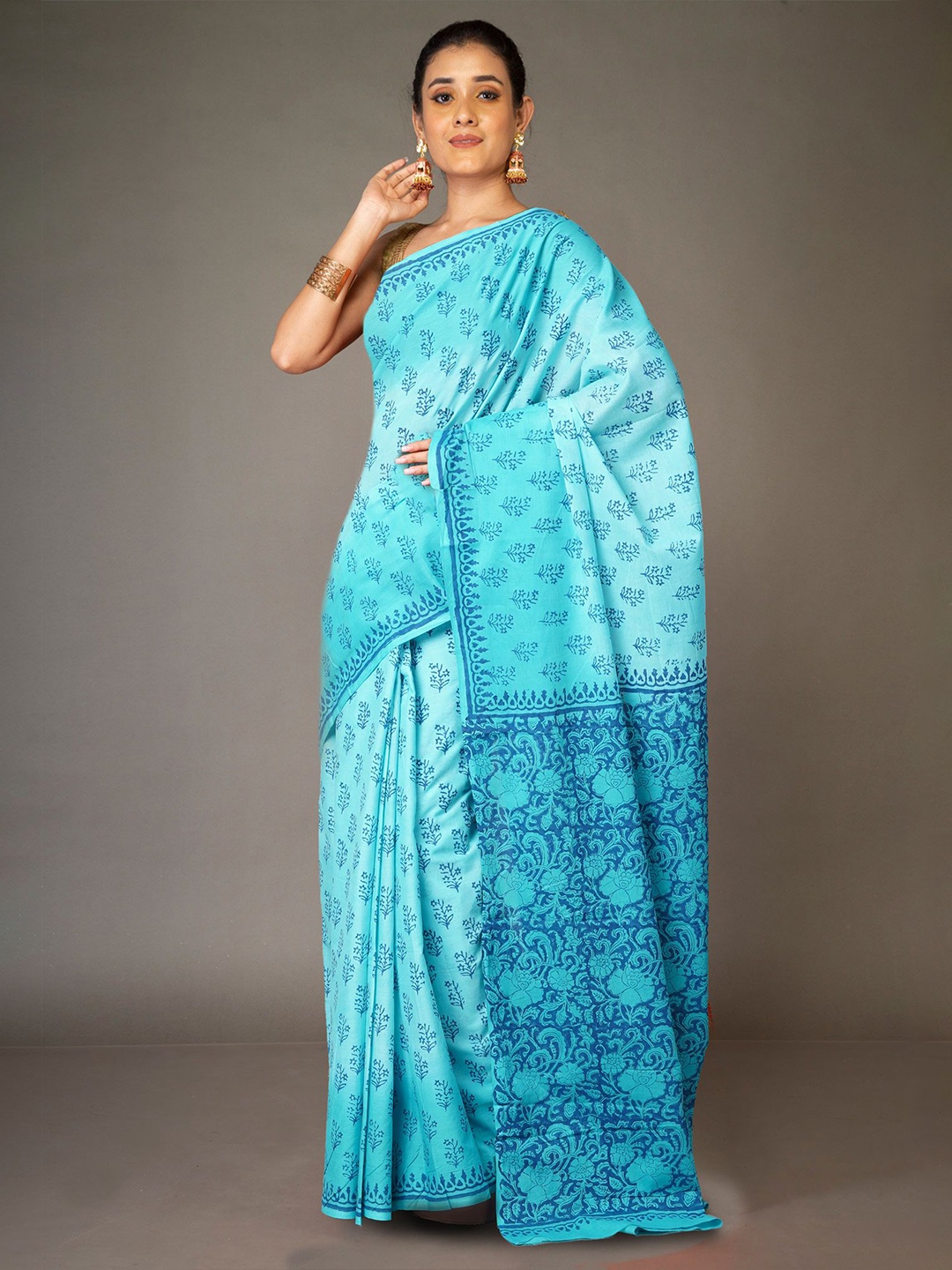 

Unnati Silks Ethnic Motifs Printed Pure Cotton Block Print Saree, Blue