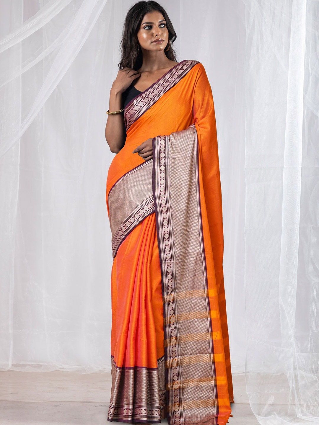 

Unnati Silks Zari Pure Cotton Narayan Peth Saree, Orange