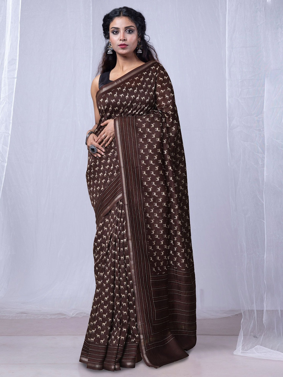 

Unnati Silks Bagh Zari Handloom Chanderi Saree, Brown