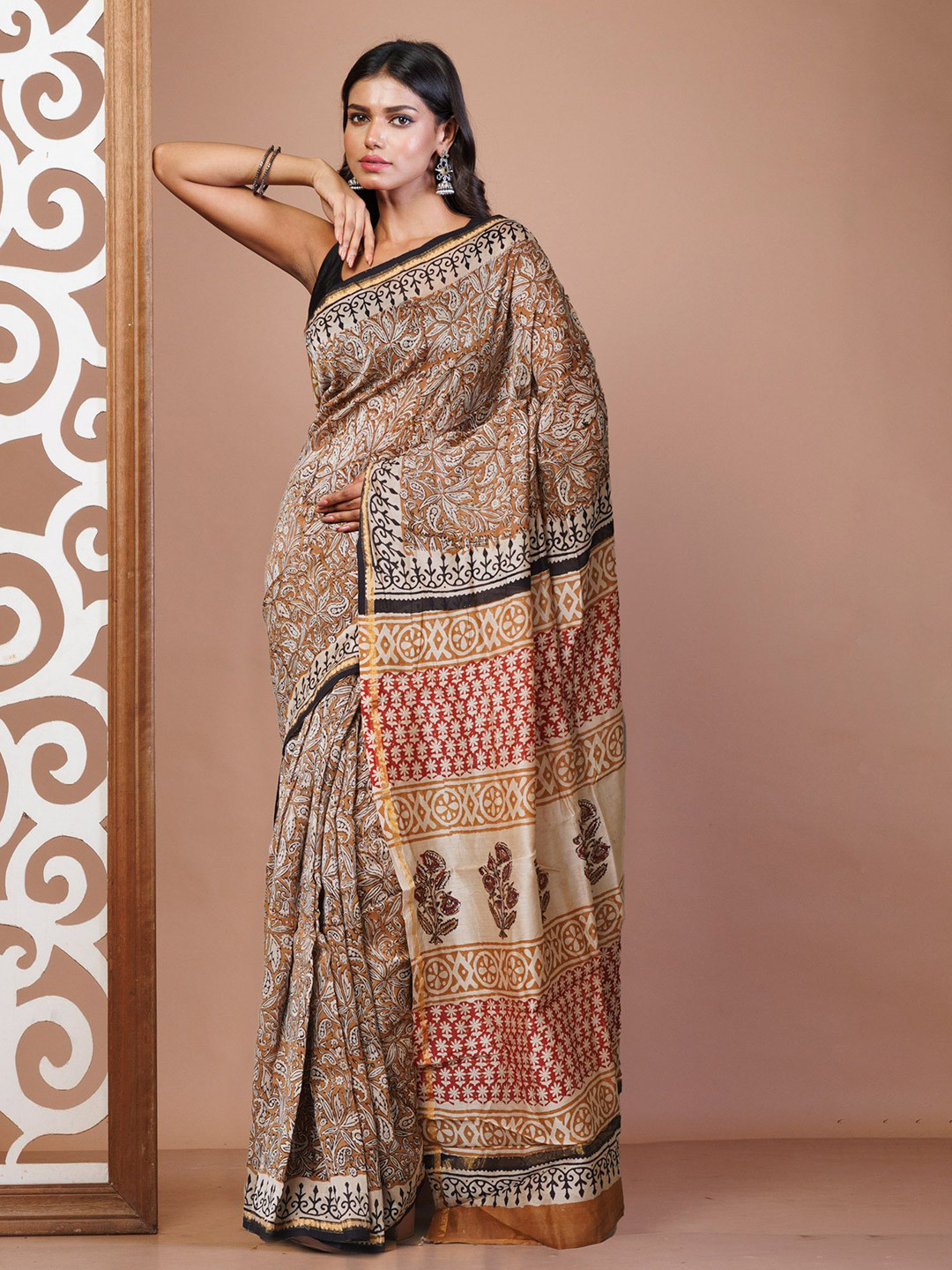 

Unnati Silks Kalamkari Zari Handloom Chanderi Saree, Brown