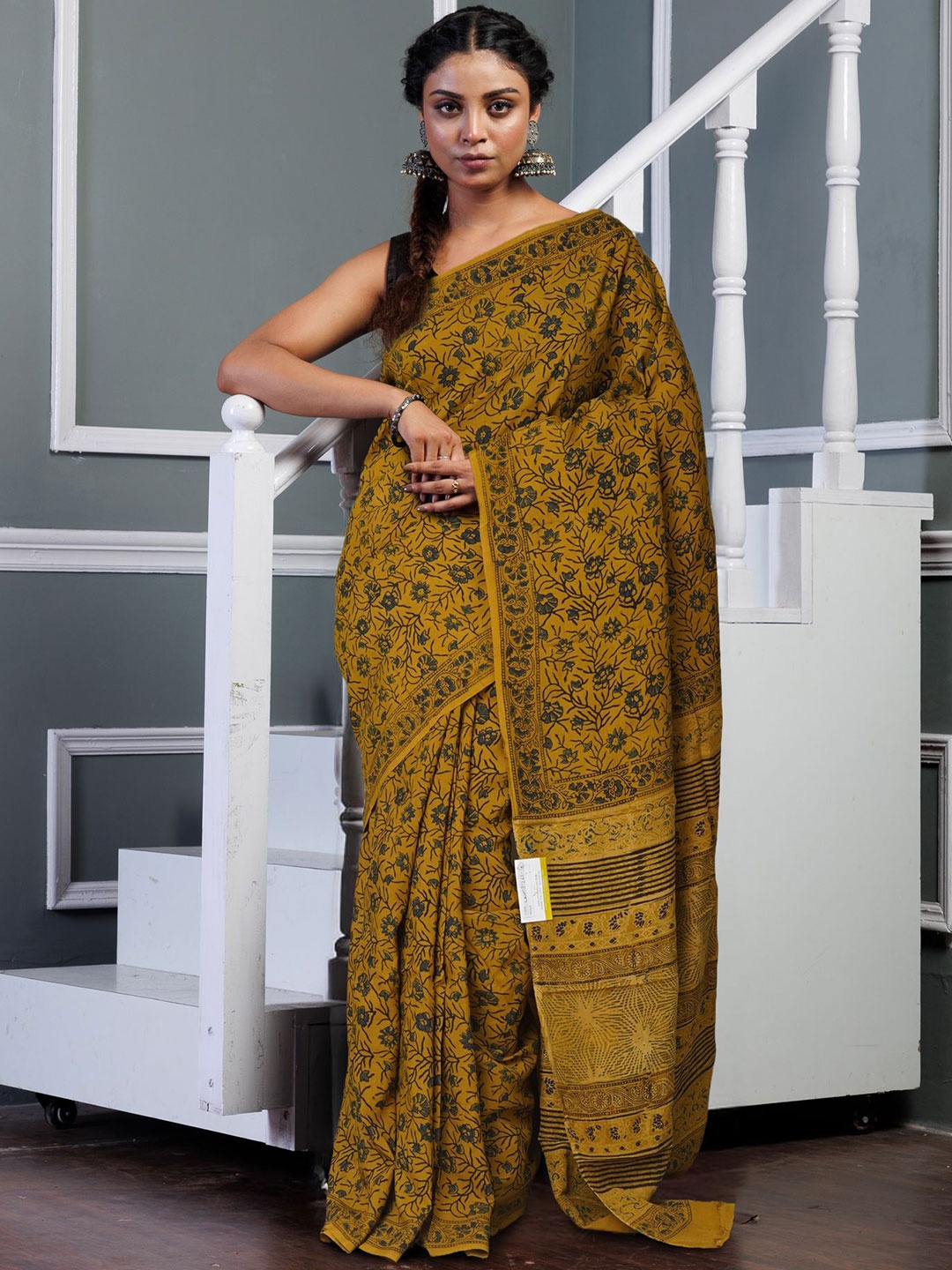 

Unnati Silks Ajrak Block Pure Silk Block Print Saree, Yellow