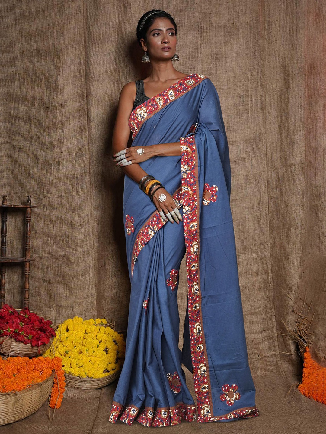 

Unnati Silks Floral Printed Pure Cotton Handloom Block Print Saree, Blue