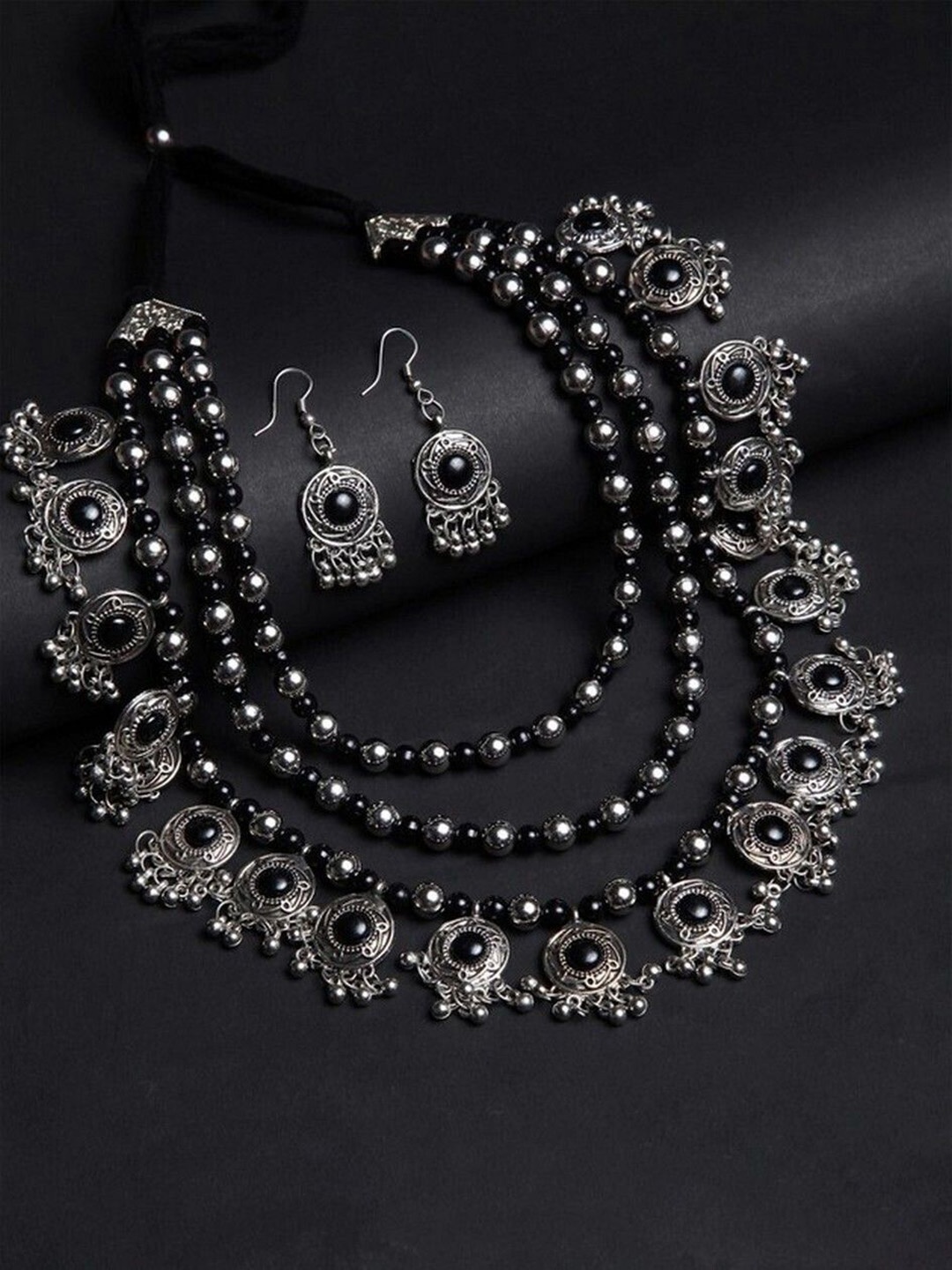 

Oxidized Heaven Sterling Silver, Silver Plated Stone Studded & Beaded Jewellery Set
