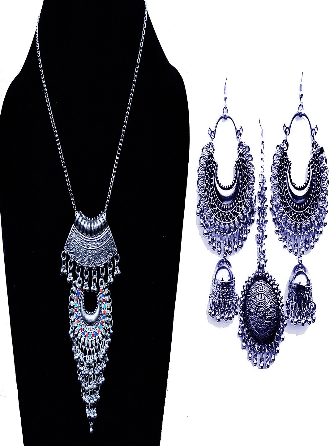 

Oxidized Heaven Sterling Silver-Plated Stone Studded Jewellery Set