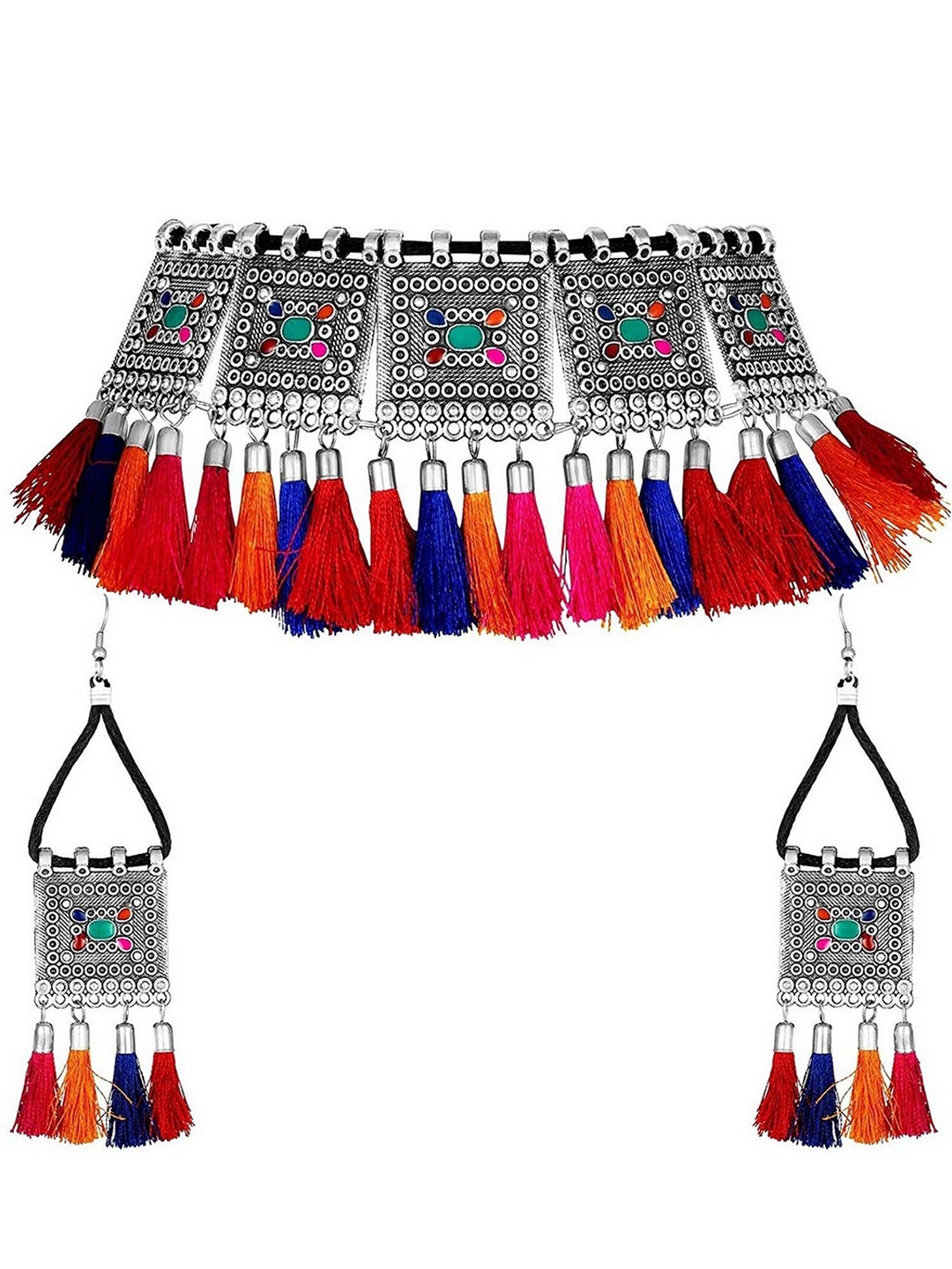 

Oxidized Heaven Sterling Sliver-Plated Stone Studded Tassel Jewellery Set, Silver