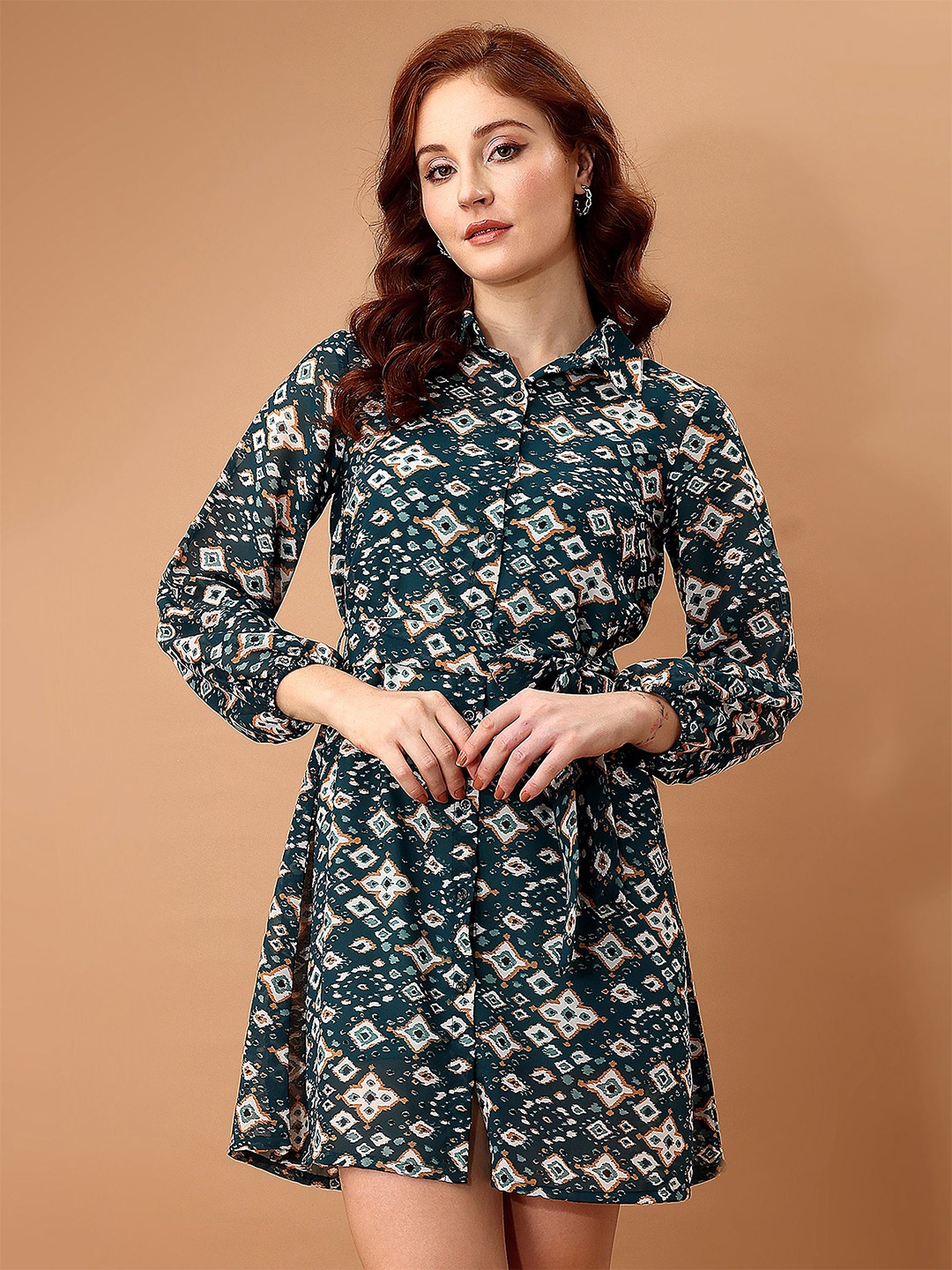 

Murcia Women Print Shirt Collar Fit and Flare Dress, Green