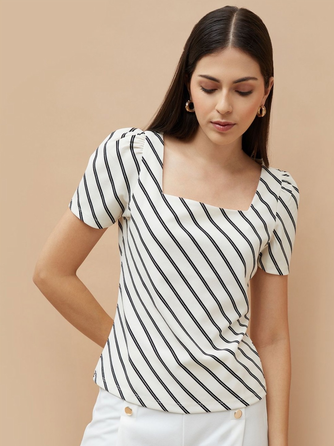 

CODE by Lifestyle Women Striped Puff Sleeves Square Neck Top, White