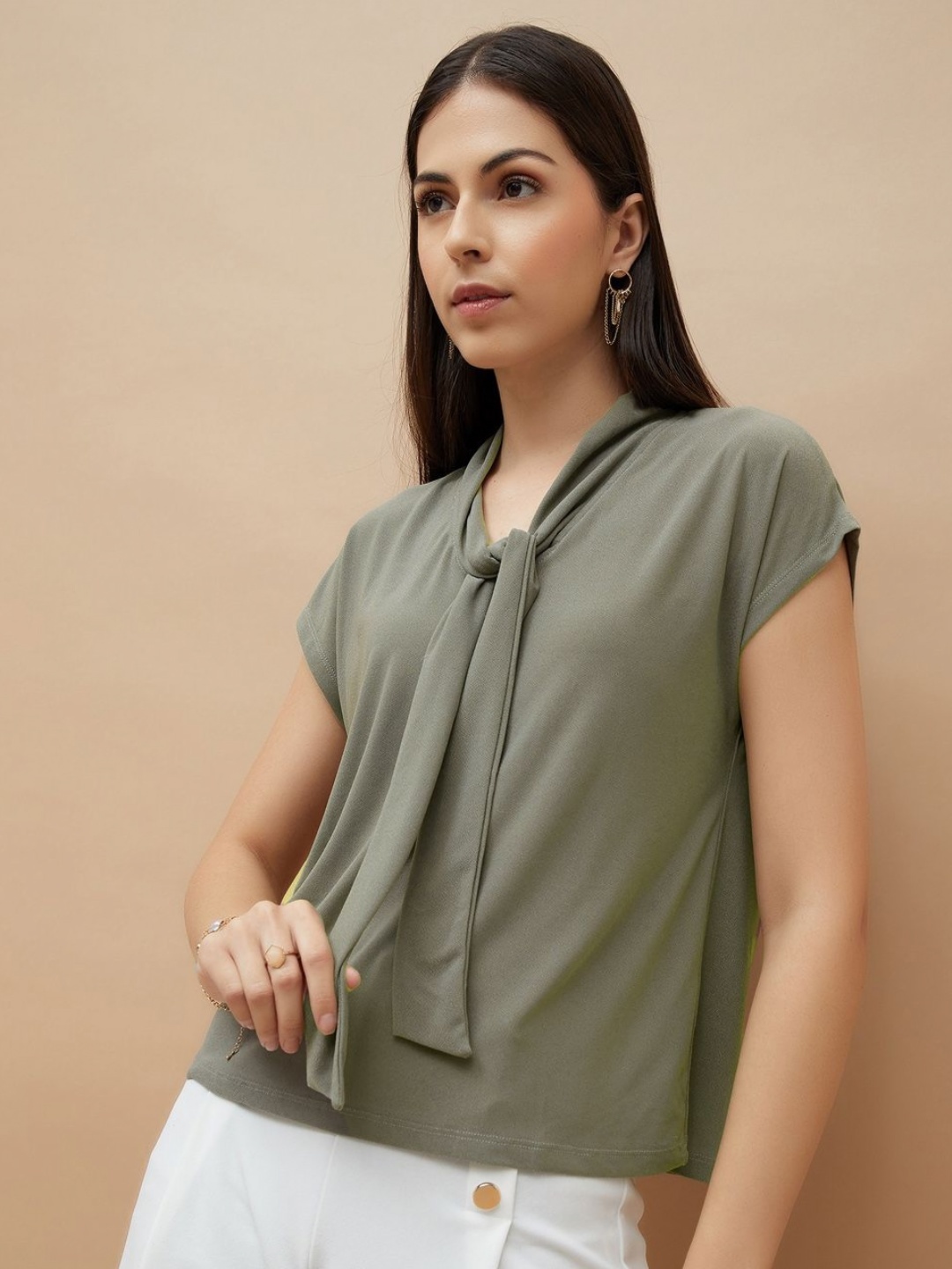 

CODE by Lifestyle Women Solid Tie-Up Neck Extended Sleeves Top, Olive