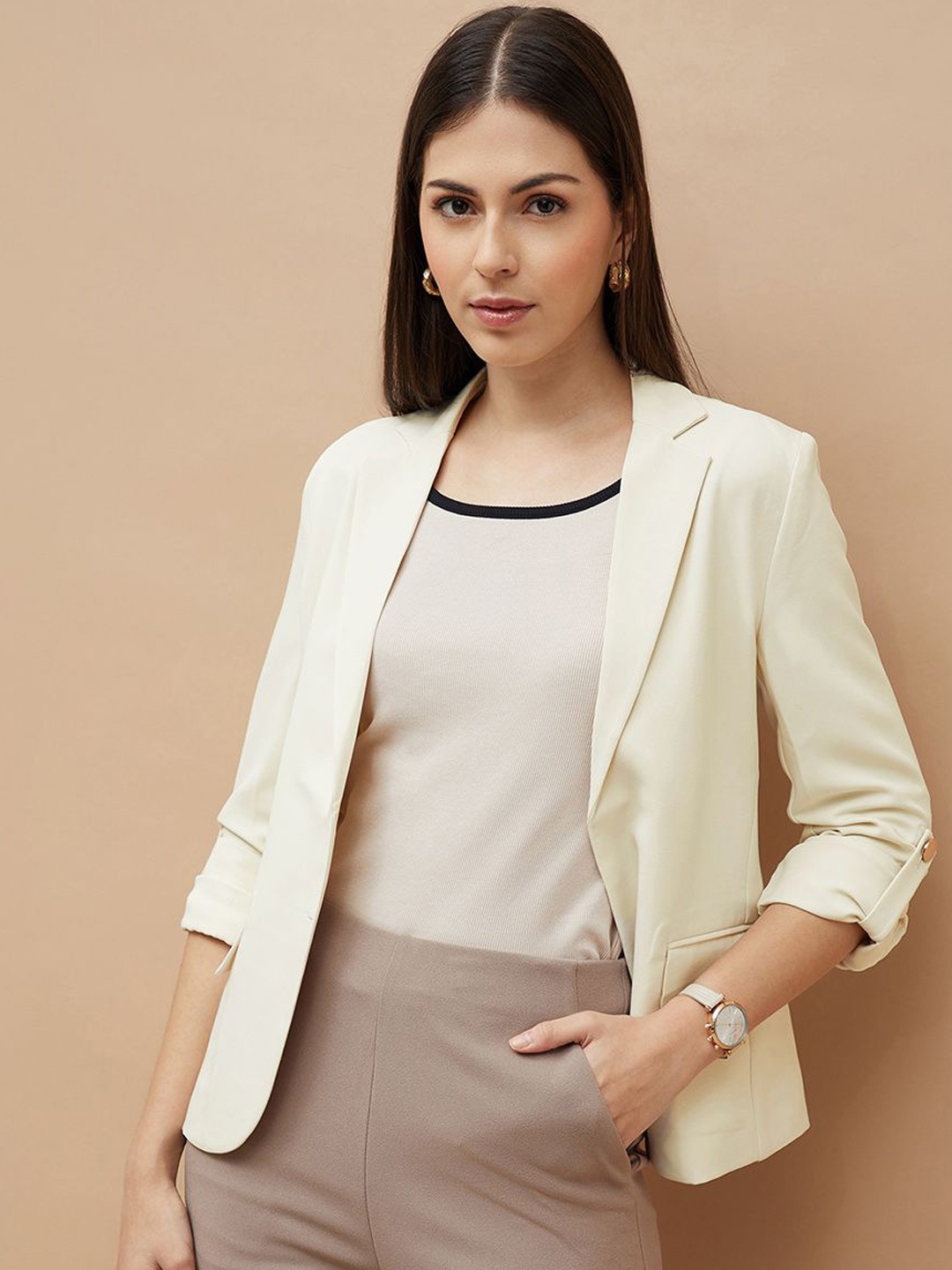 

CODE by Lifestyle Women Solid Lapel Collar Tailored Jacket, Beige