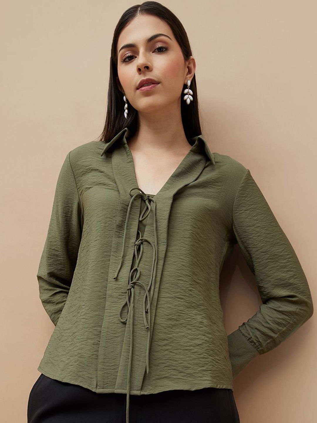 

CODE by Lifestyle Women Shirt Collar Crop Top, Olive