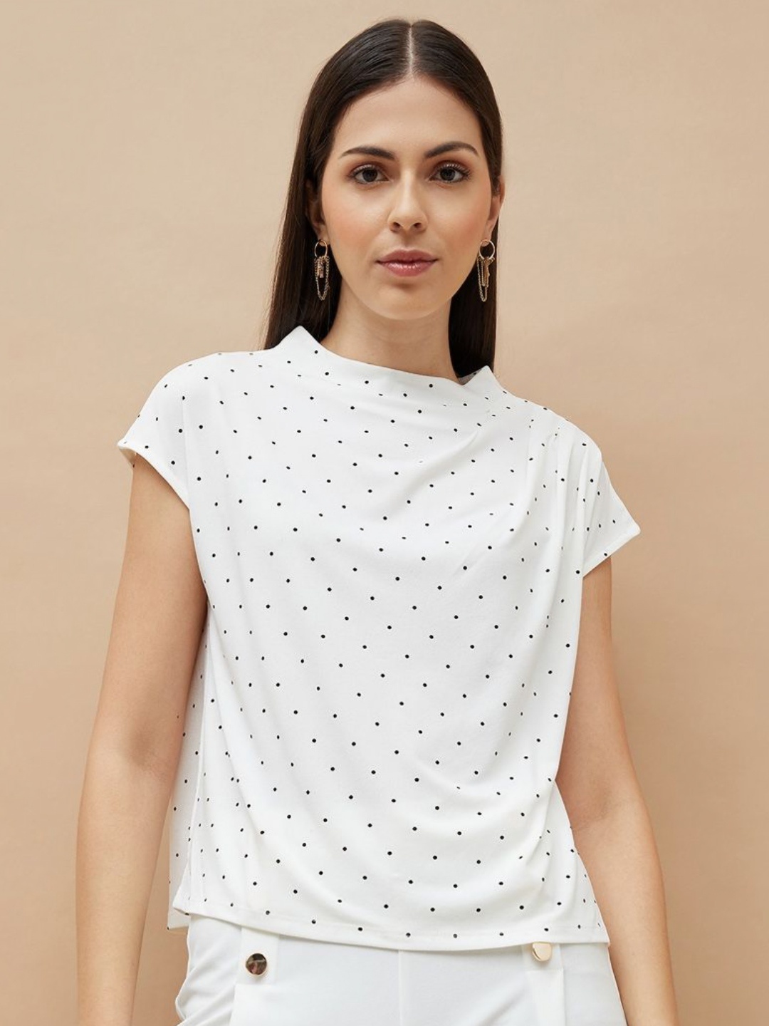 

CODE by Lifestyle Women Polka Dots Printed Extended Sleeves Casual Top, White