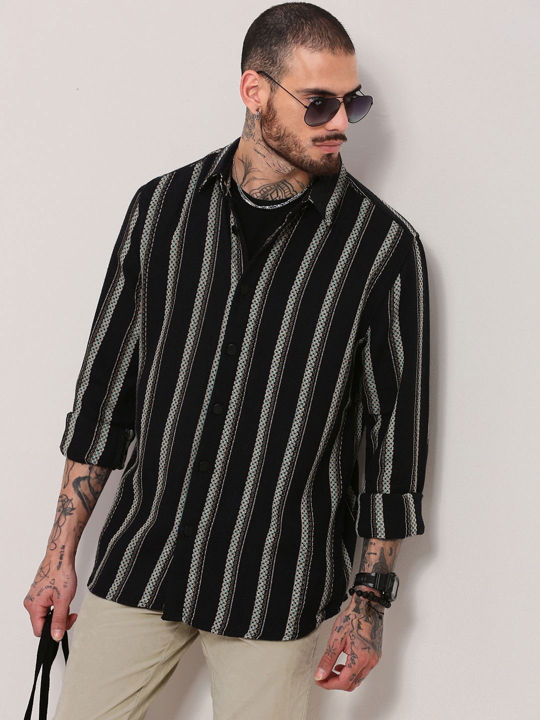 

SHOWOFF Men Vertical Striped Relaxed Fit Cotton Casual Shacket, Black