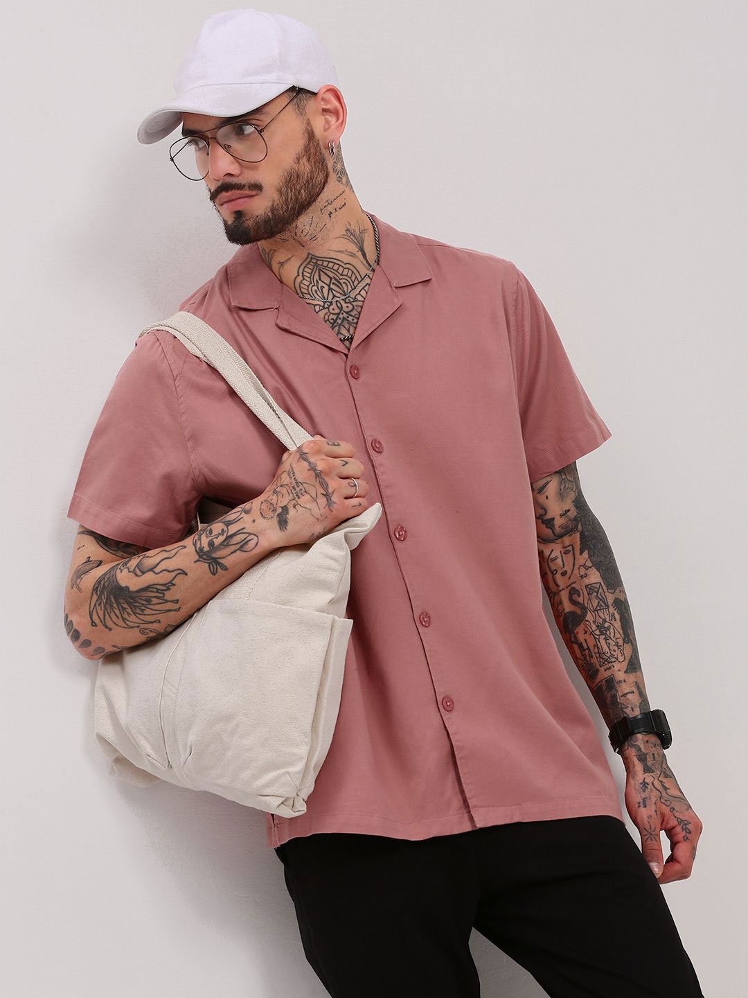 

SHOWOFF Men Comfort Cuban Collar Solid Cotton Casual Shirt, Mauve