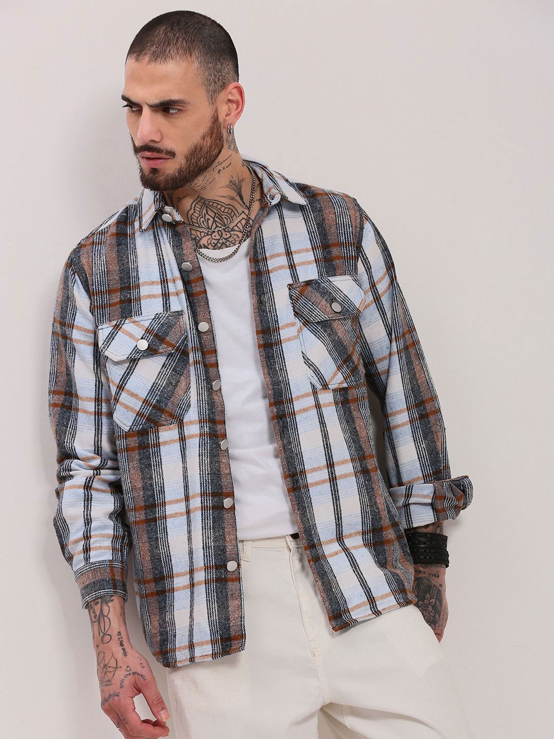 

SHOWOFF Men Tartan Checked Relaxed Fit Cotton Casual Shacket, White