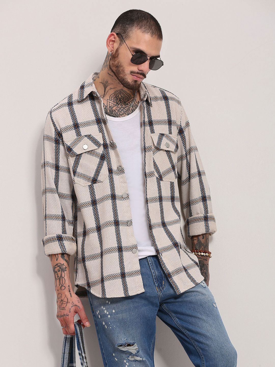 

SHOWOFF Men Checked Relaxed Fit Cotton Casual Shacket, Cream