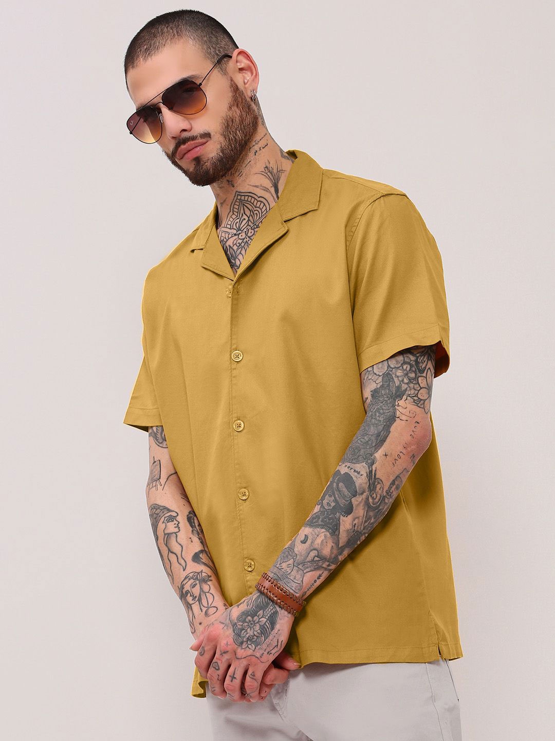 

SHOWOFF Men Comfort Cuban Collar Solid Cotton Relaxed Fit Casual Shirt, Mustard